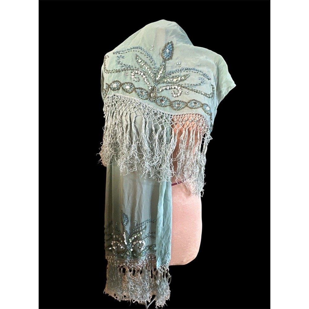 Sue Wong SILK Scarf Shawl Sage Green Hand Beaded 100% Silk Fancy New
